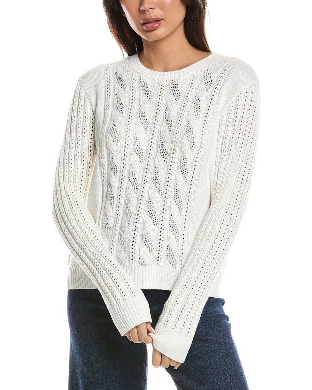 Forte White Crystal Cable Pointelle Sweater