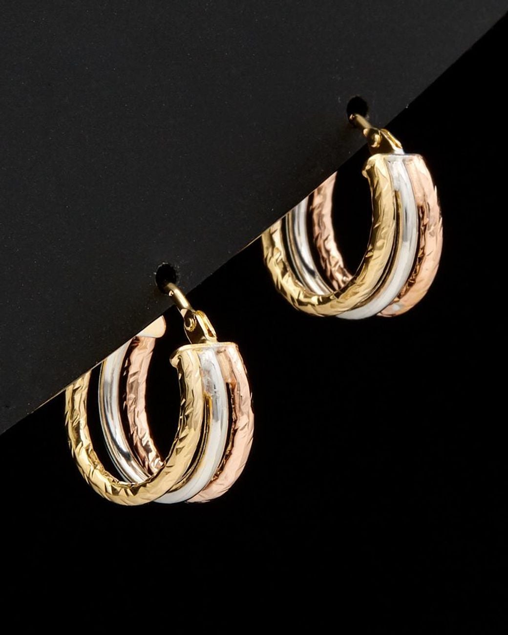Italian Gold Black 14k Tri-color Diamond Cut & Polished Triple Hoops