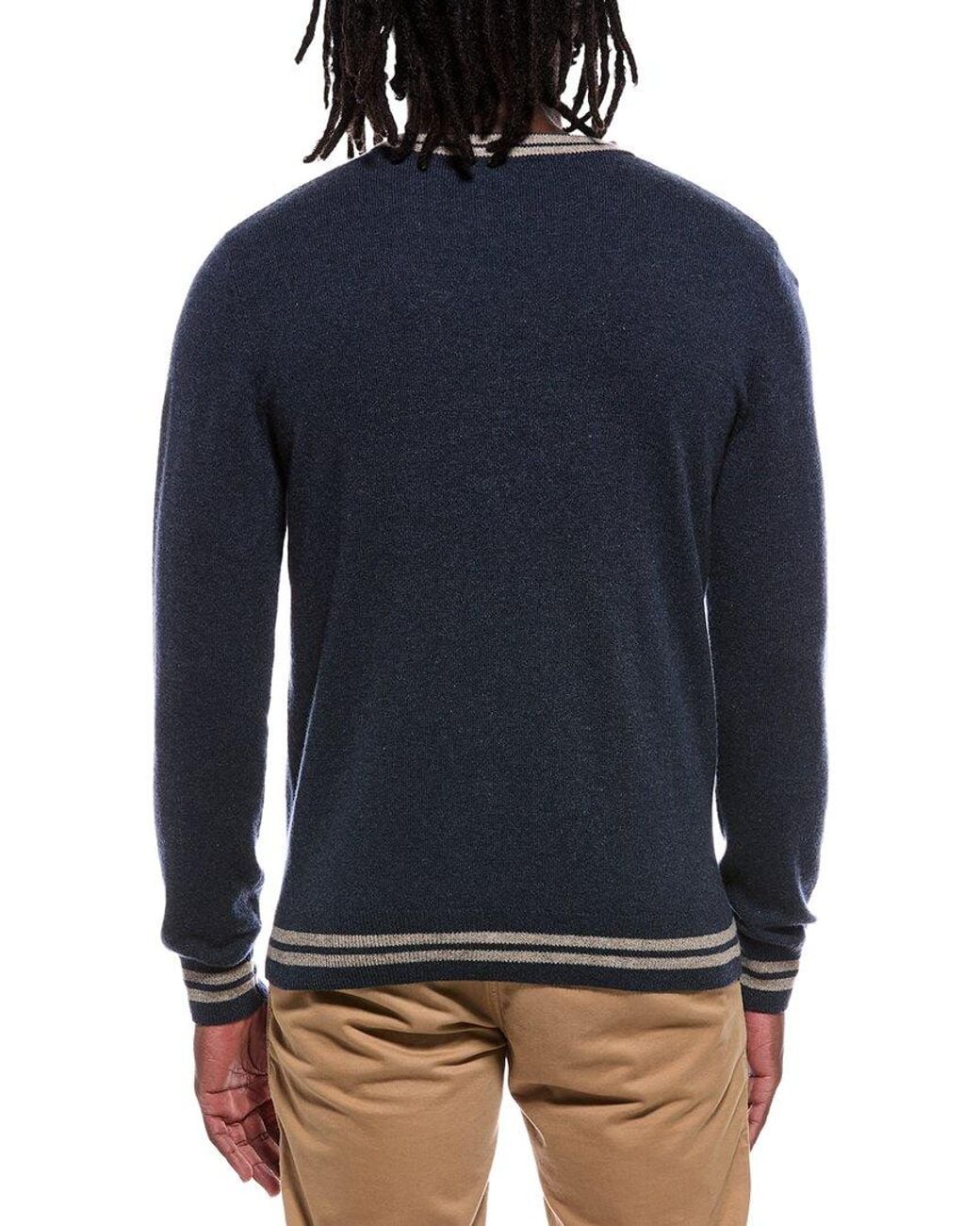 Autumn Cashmere Blue Striped Trim 100% Cashmere Crewneck Sweater for men