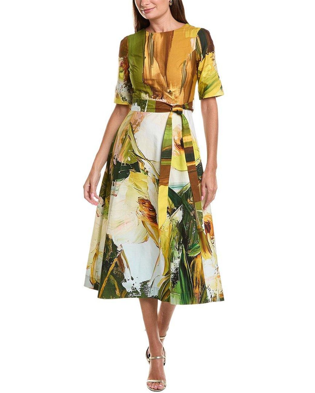 Teri Jon Yellow Apron V-Back Watercolor Print A-Line Dress