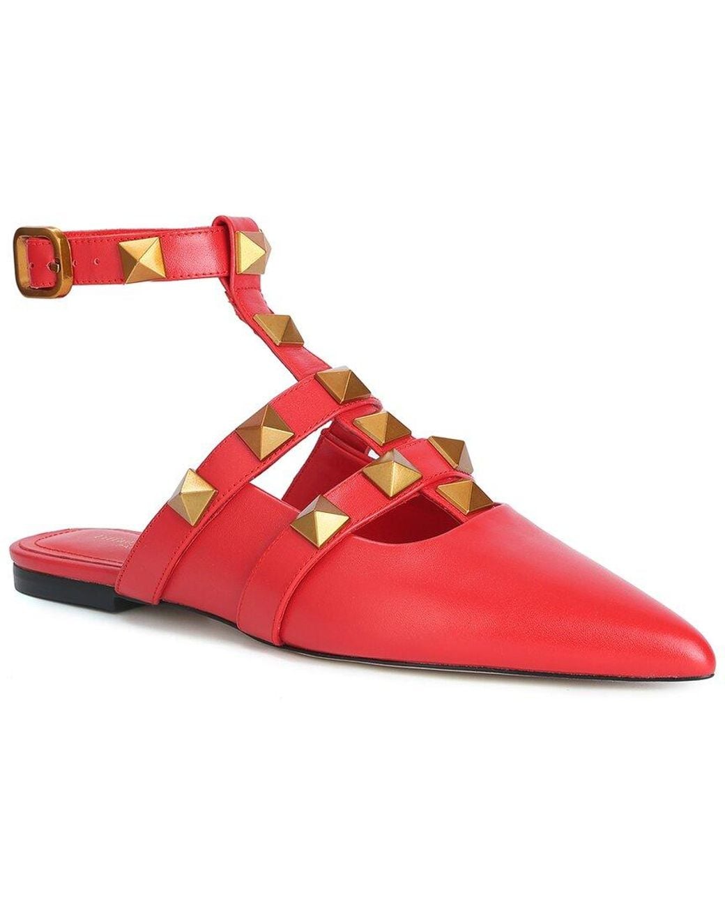 Tiffany & Fred Paris Red Studded Leather Pointy-Toe Ankle Strap Flat