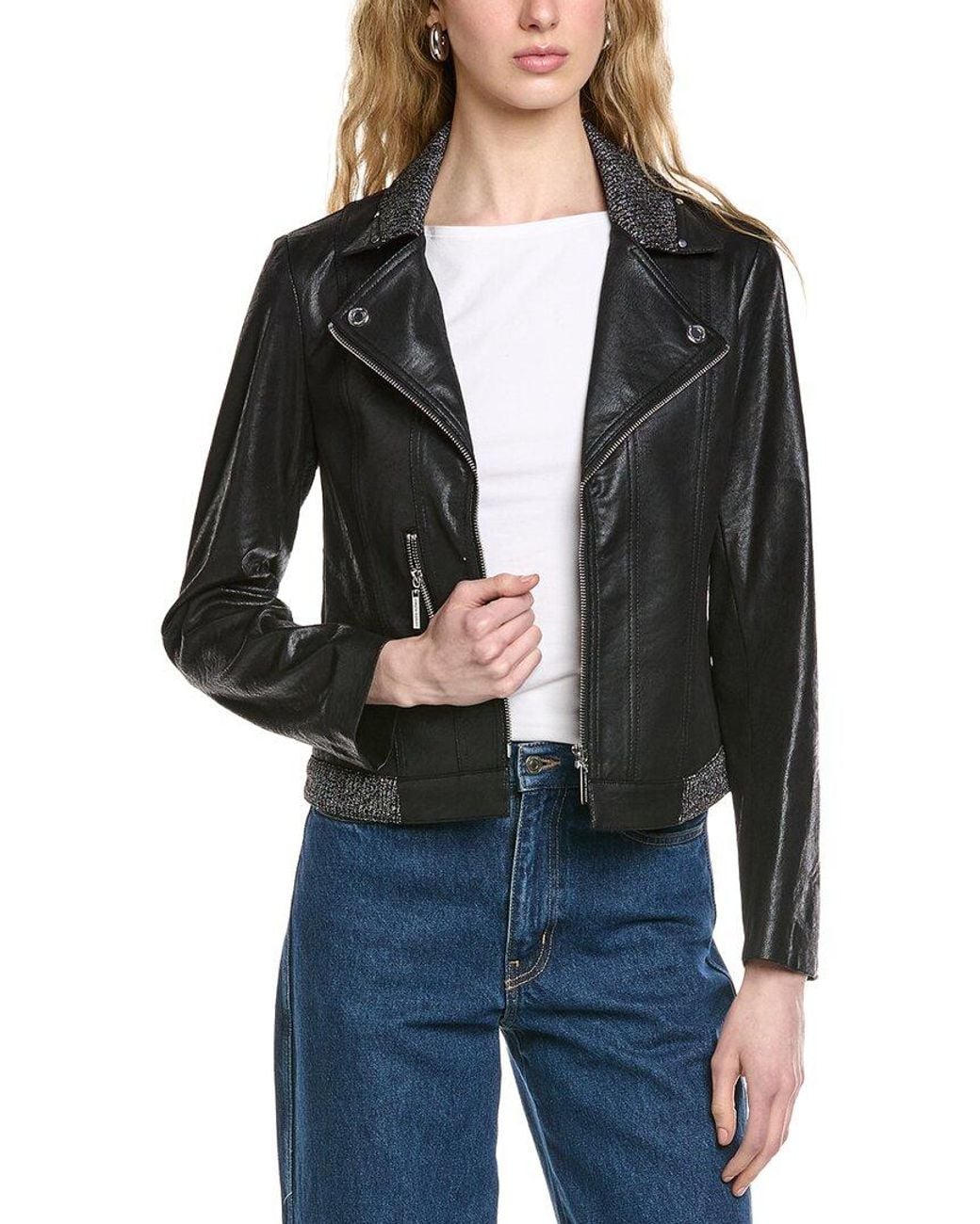Joseph Ribkoff Black Knit & Vegan Leather Jacket