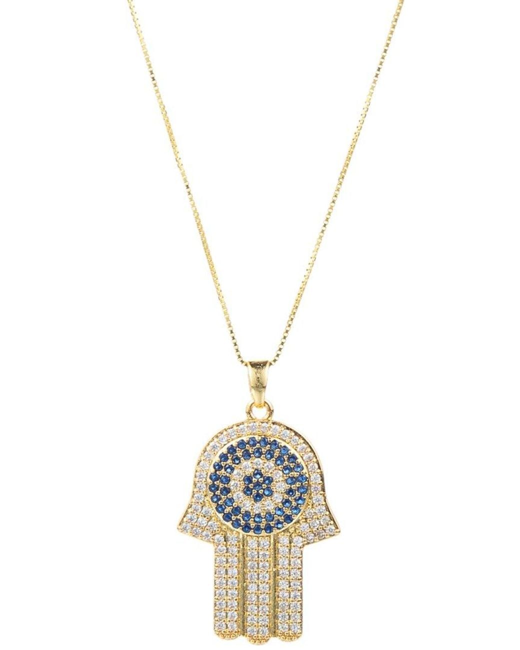 Eye Candy LA Metallic Silver Cz Blue Hamsa Pendant Necklace