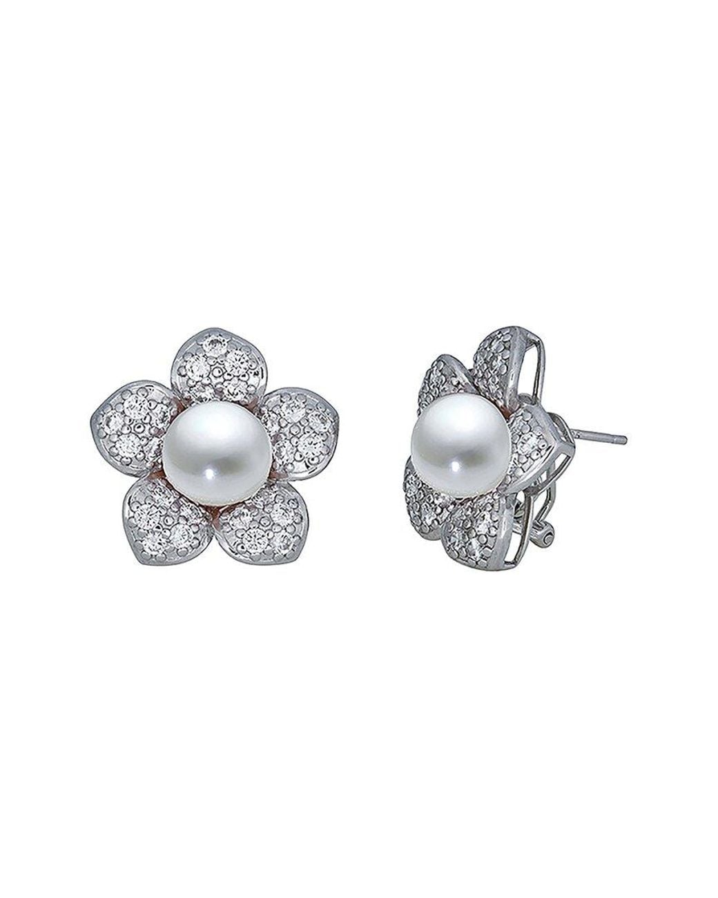 Belpearl Metallic 9Mm Pearl Cz Post & Clip Earrings