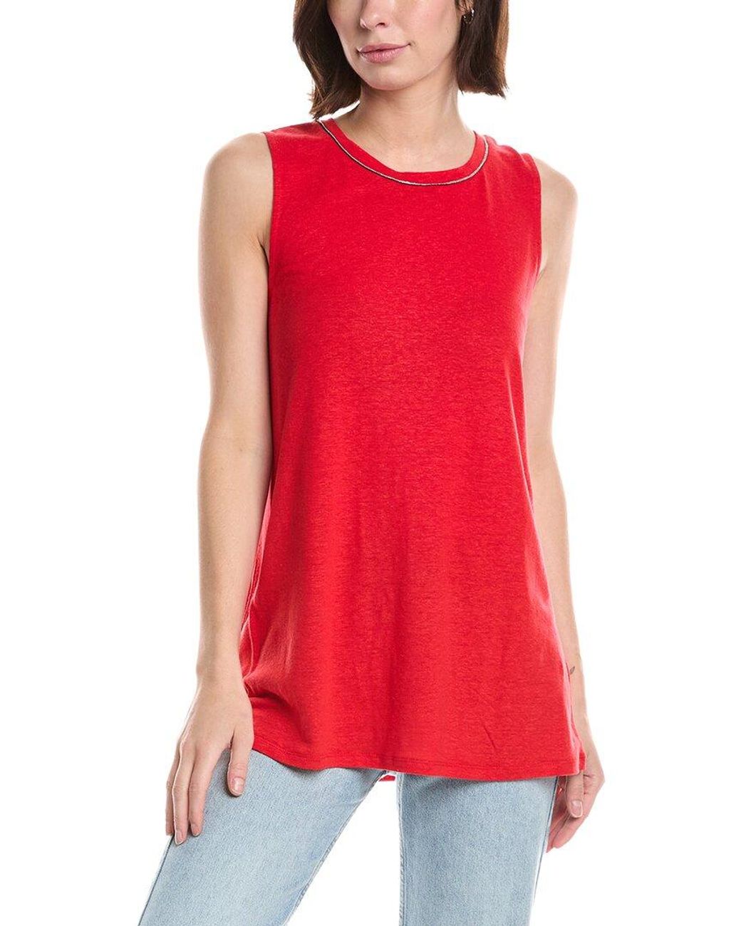 Lemon Grass Red Beaded Neckline Linen-Blend Tank Top