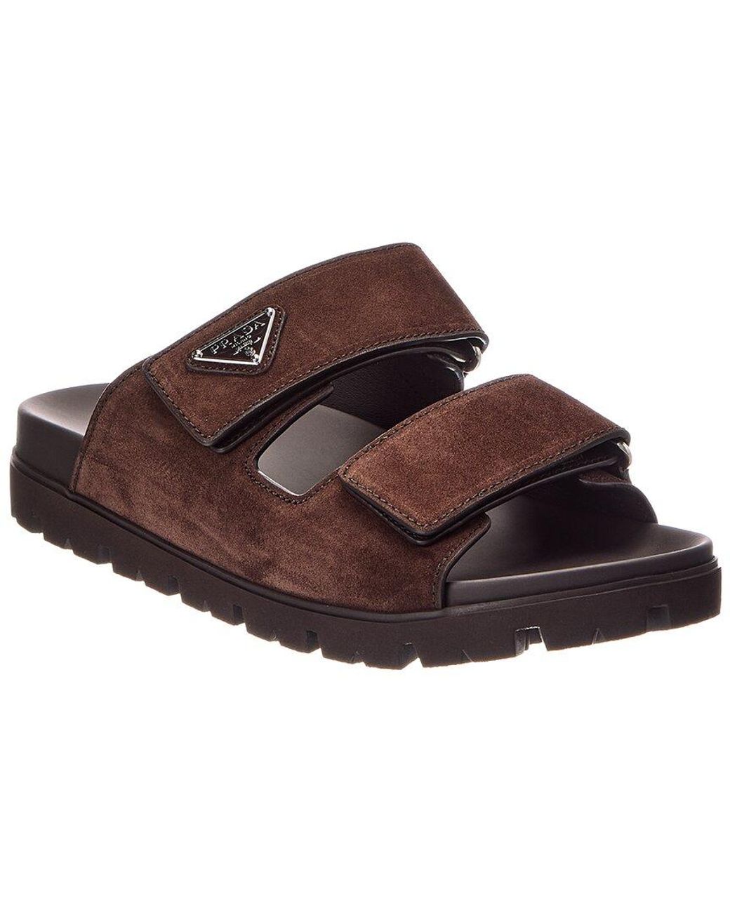 Prada Brown Triangle Logo Suede Sandal