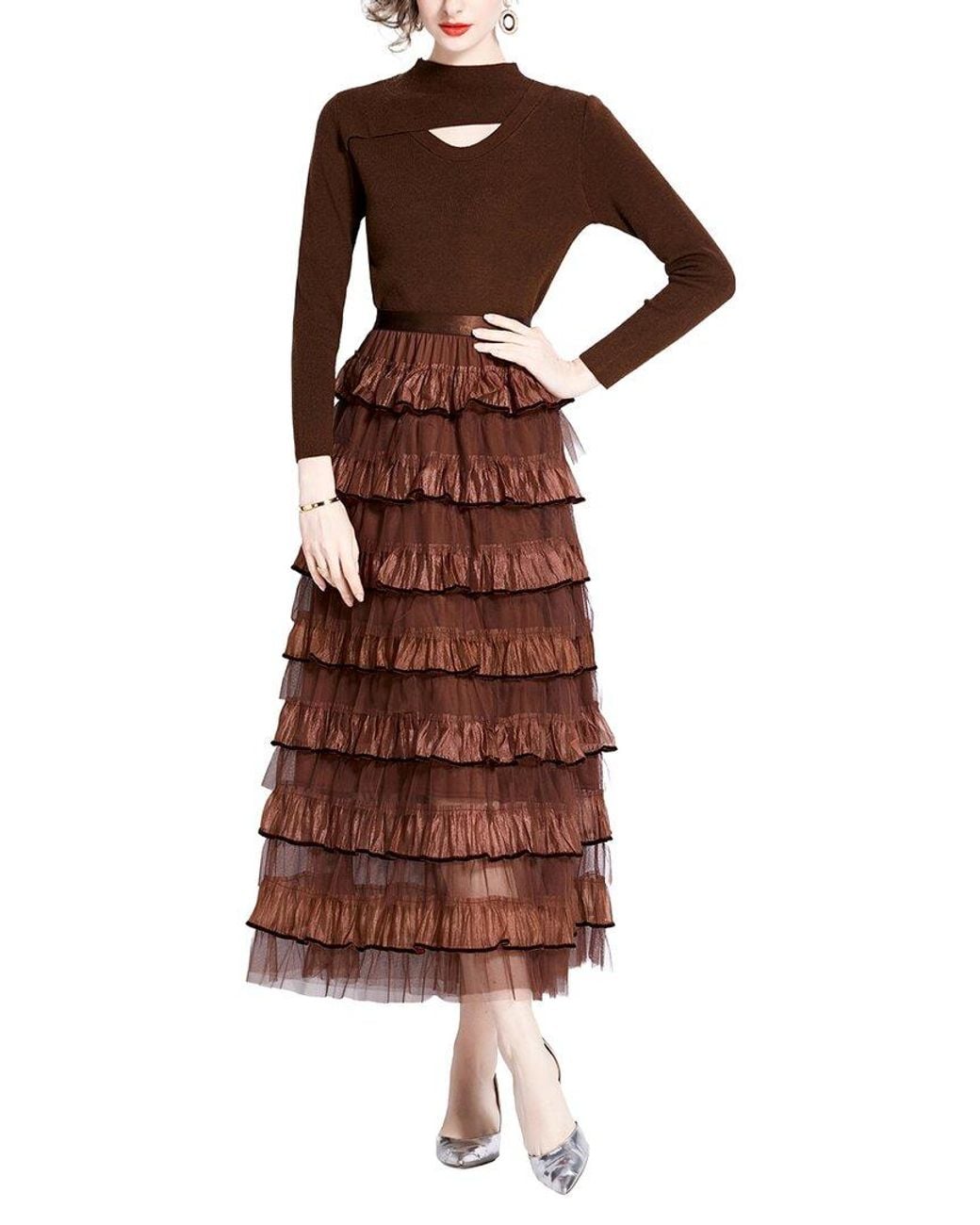Kaimilan Brown 2Pc Polo Neck & Skirt Set