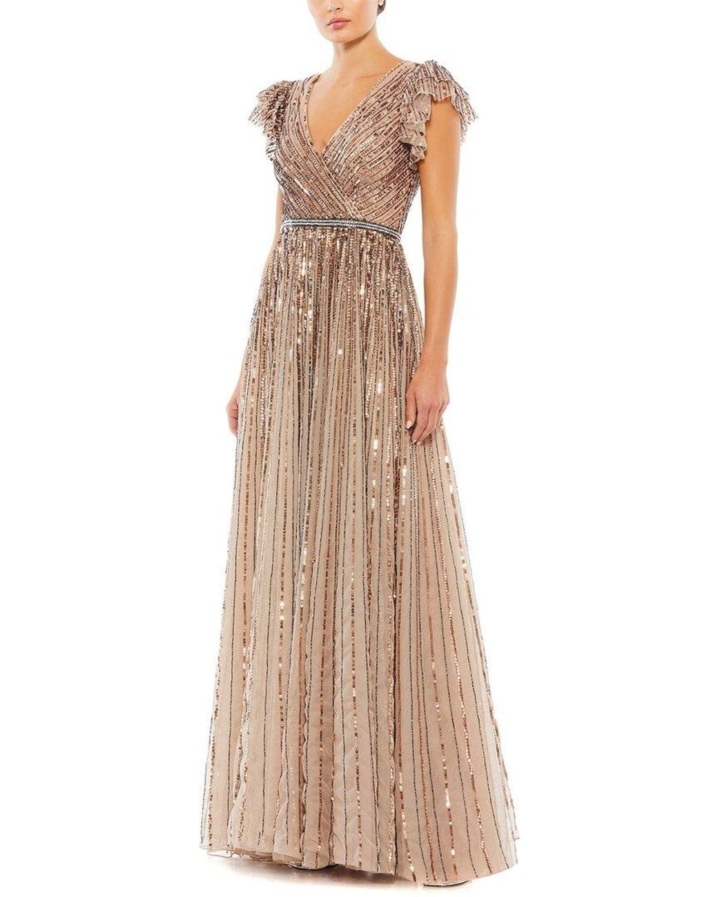 Mac Duggal Natural Sequined Wrap Over Ruffled Cap Sleeve Gown