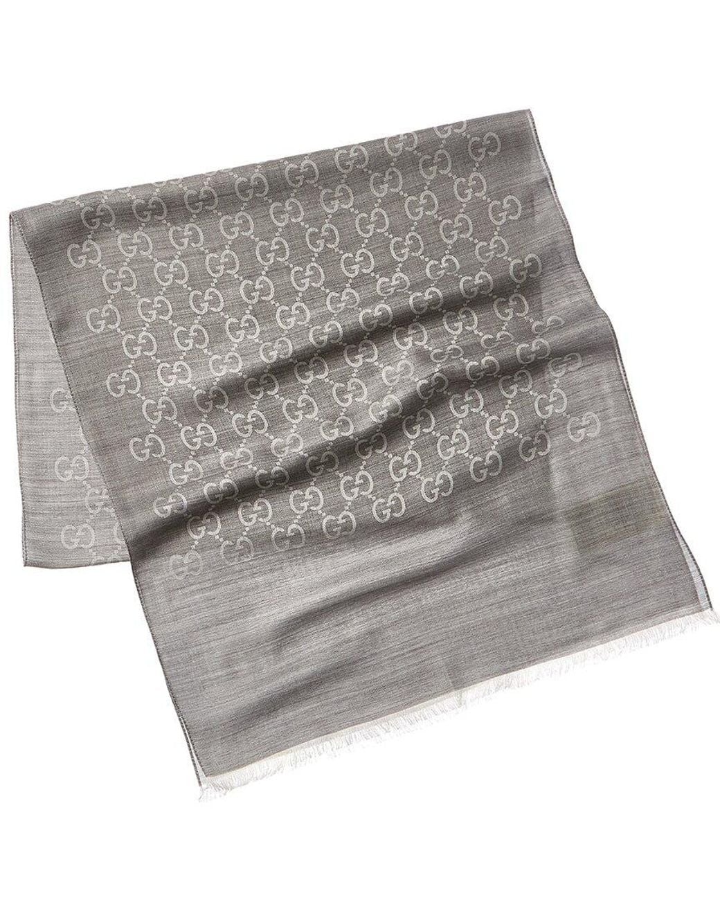 Gucci Gray Logo Small Jacquard Wool & Silk-blend Scarf