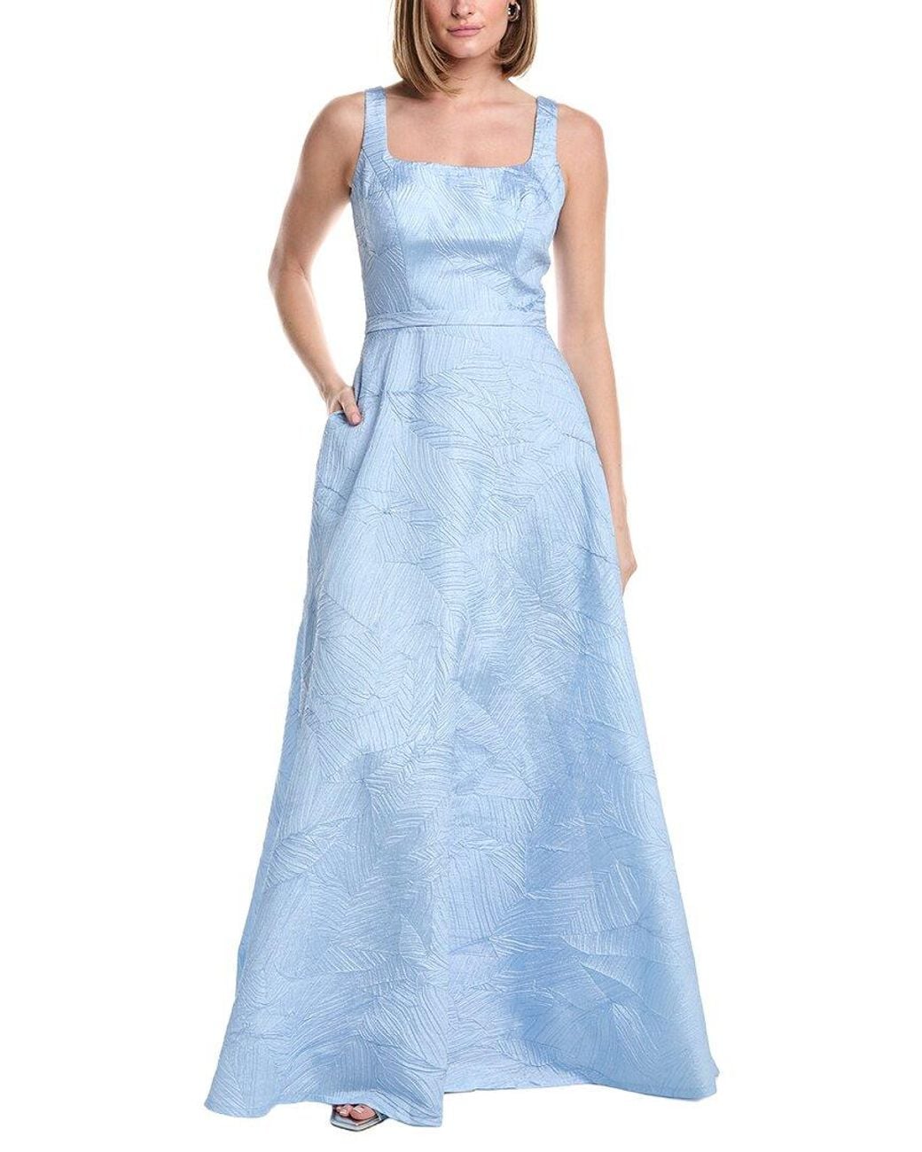 Rene Ruiz Blue Swoop Neck A-Line Gown