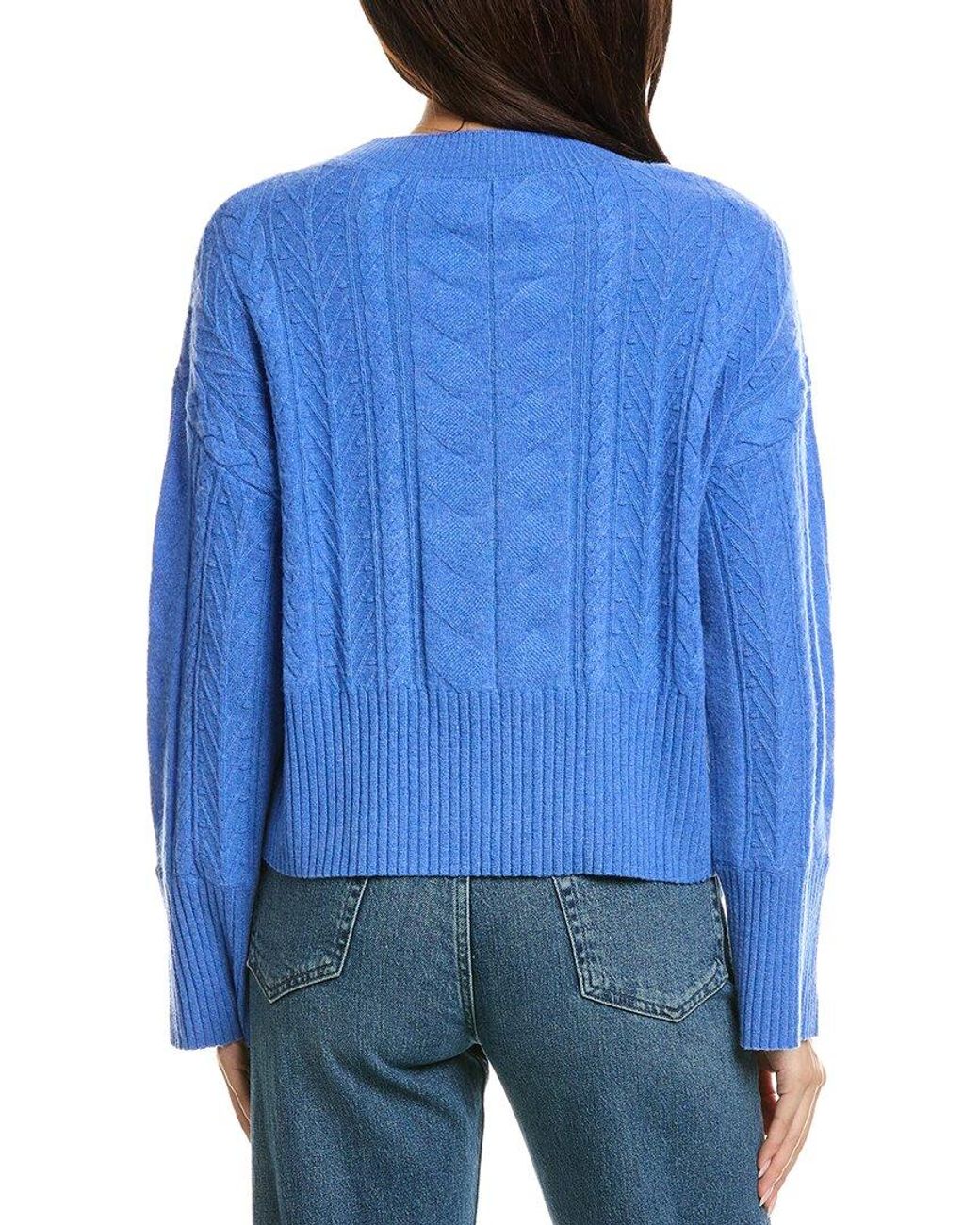 Brodie Cashmere Blue Mixed Cable Crewneck 100% Cashmere Sweater