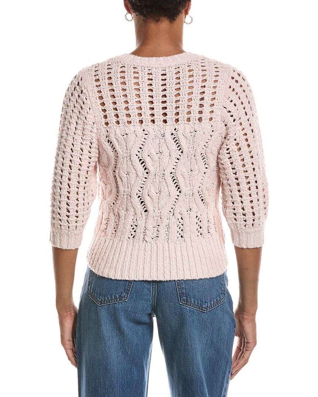 Autumn Cashmere Pink Elbow Puff Sleeve Cable Crewneck Sweater