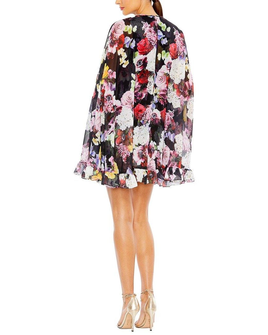 Mac Duggal Red Floral Print High Neck Ruffle Hem Cape Mini Dress