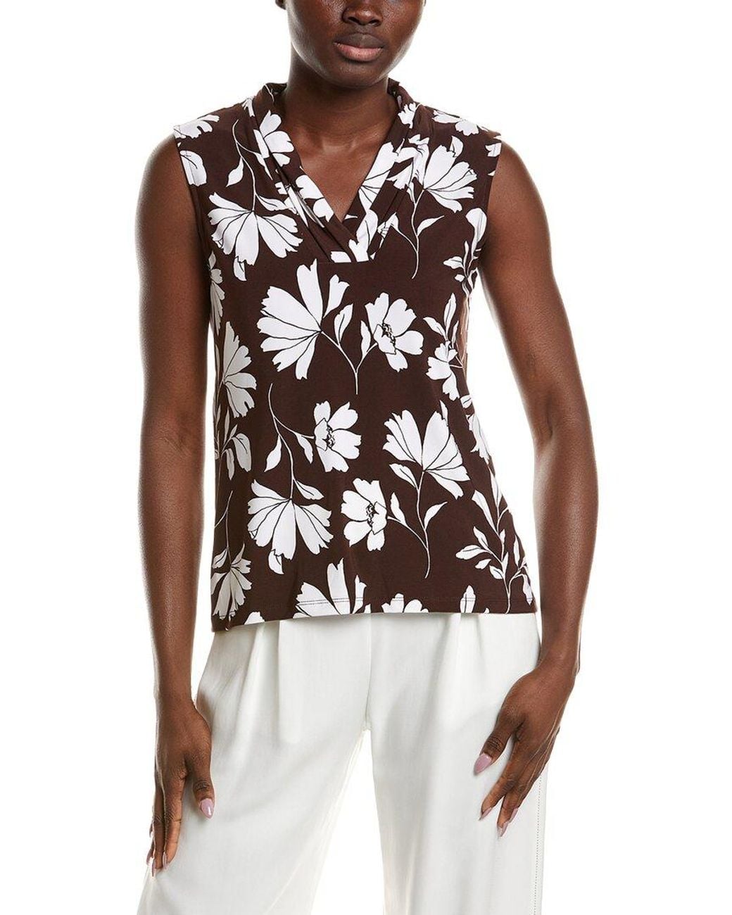 Anne Klein White Printed Triple Pleat Top