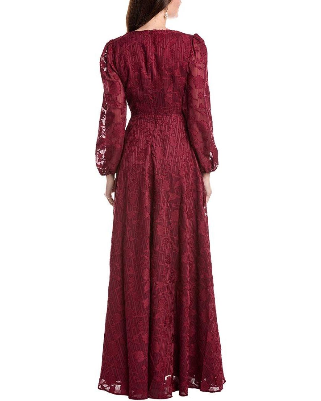 Rene Ruiz Red Bishop Sleeve Ornate Texture Empire Gown