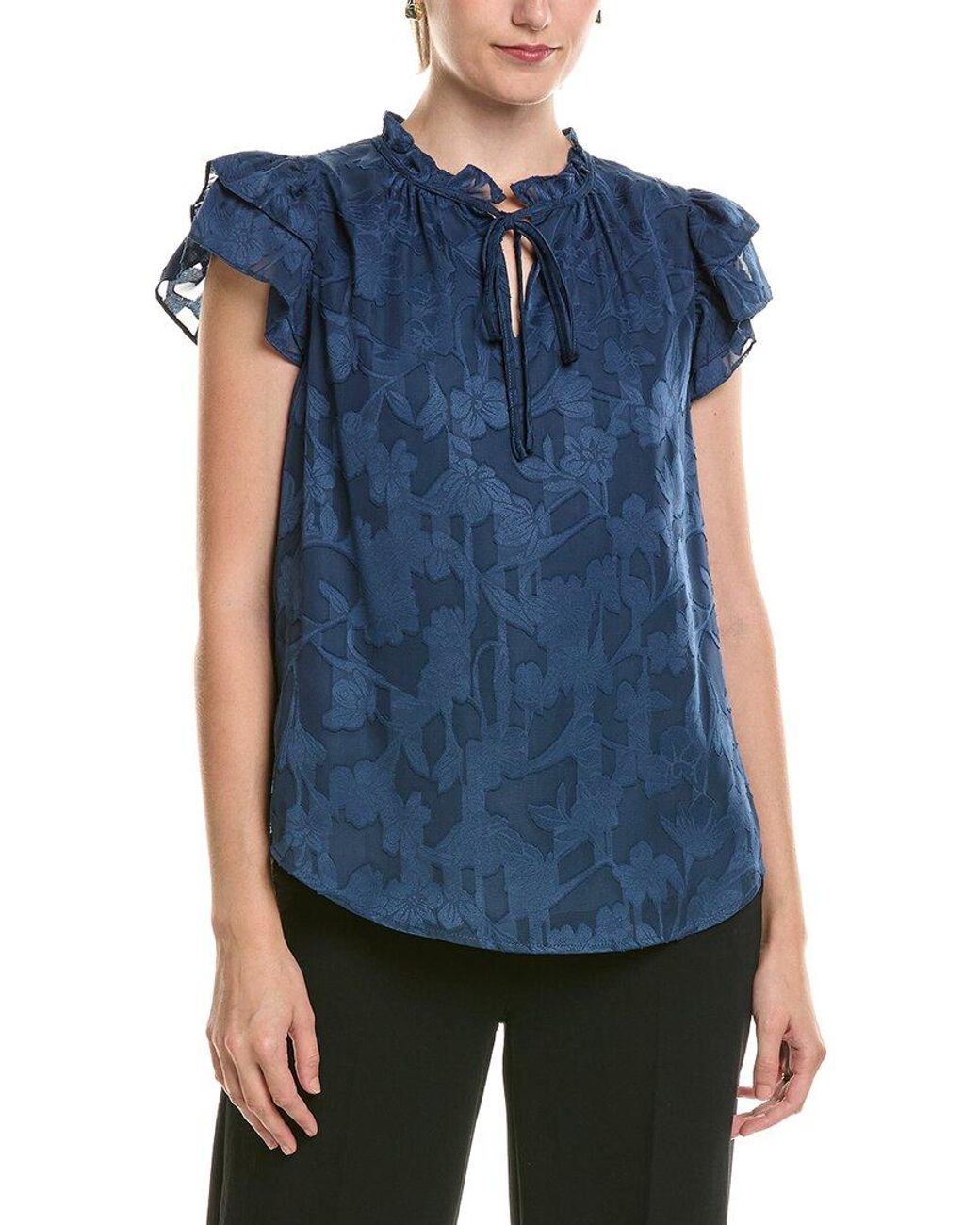 Anne Klein Blue Ruffle Textured Blouse