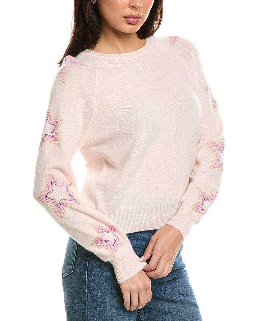 Brodie Cashmere Natural Star Dust Sleeve Crewneck 100% Cashmere Sweater