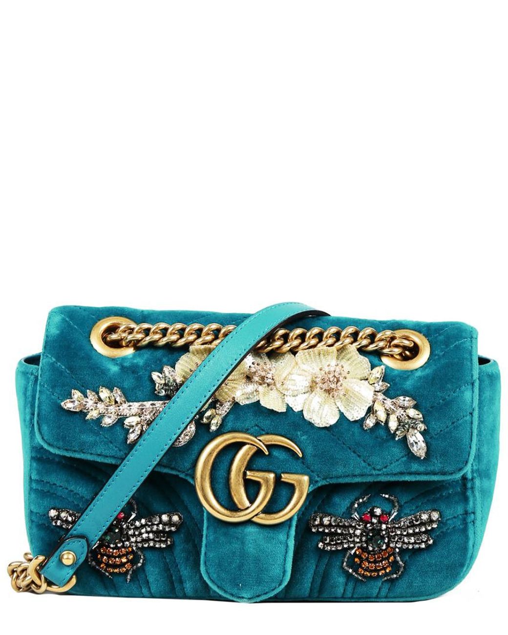 Gucci Teal Embellished Velvet Mini Marmont Bag in Blue | Lyst