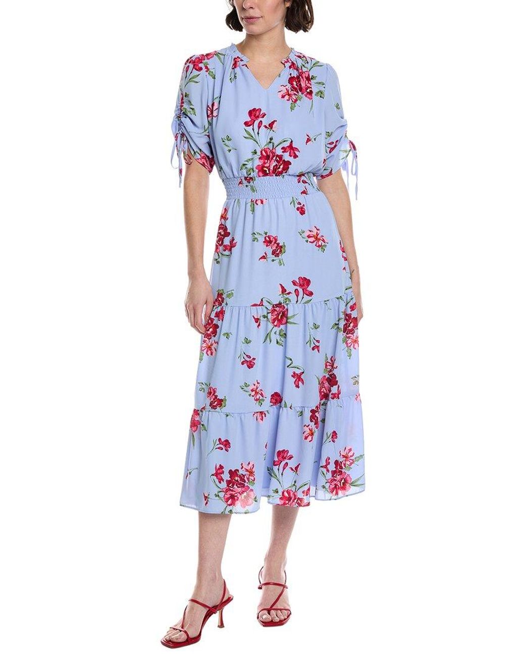 Cece Blue Ruched Smocked Waist Tiered Midi Dress