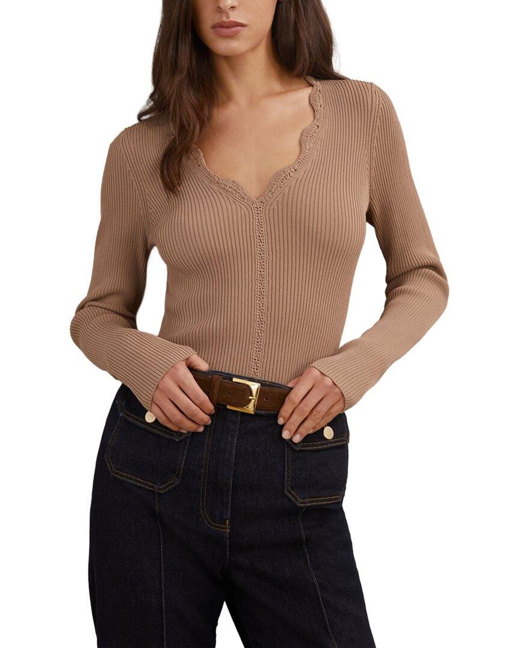 Reiss Black Lara Crochet Trim Rib Knit Top