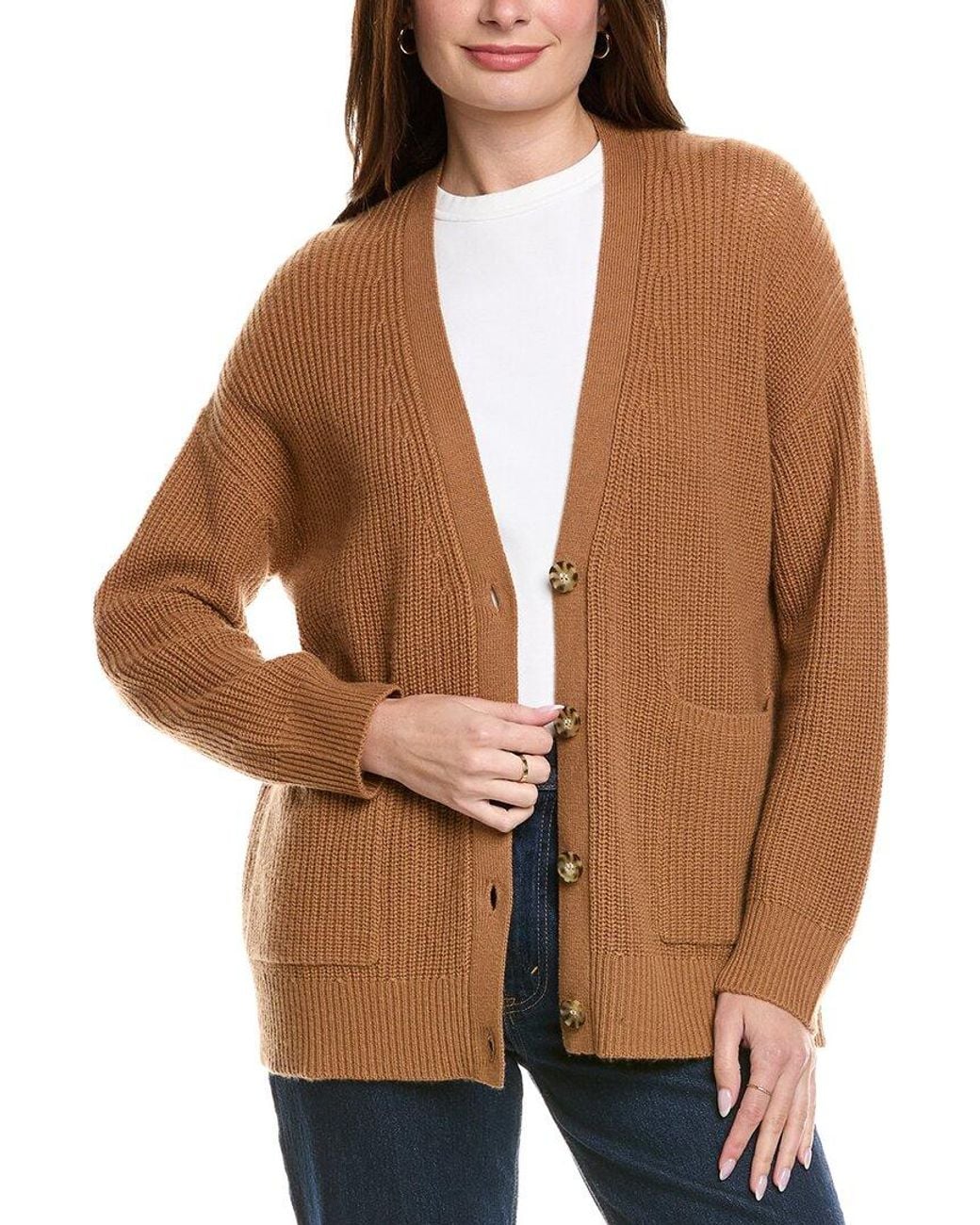 Hannah Rose Brown Shaker Long Wool & Cashmere-Blend Cardigan
