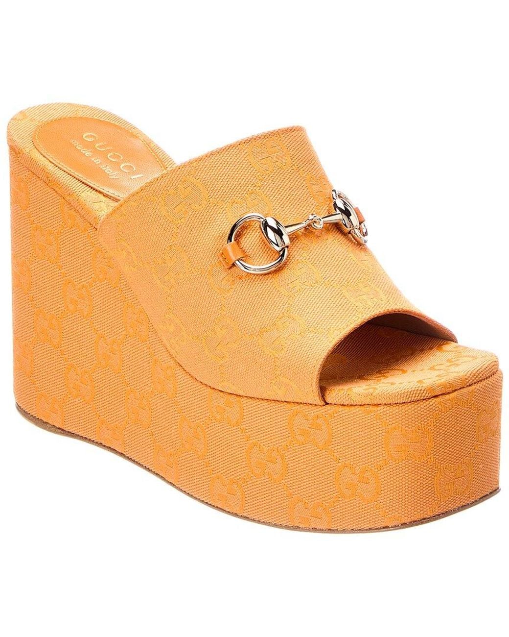 Gucci Orange Horsebit Gg Supreme Canvas & Leather Wedge Sandal