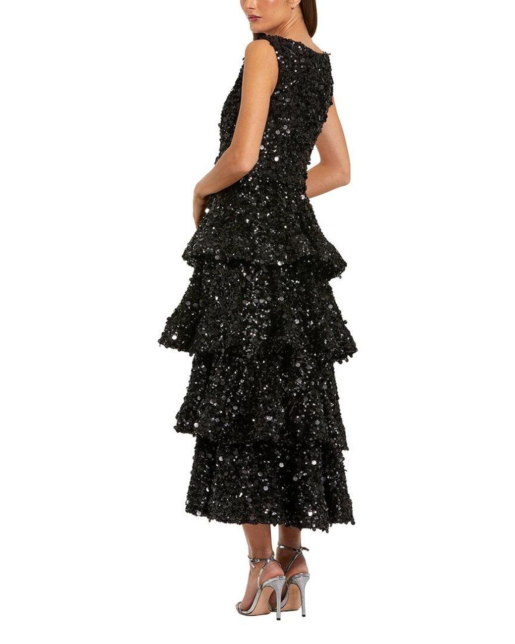 Mac Duggal Black Sequin Ruffle Midi Dress