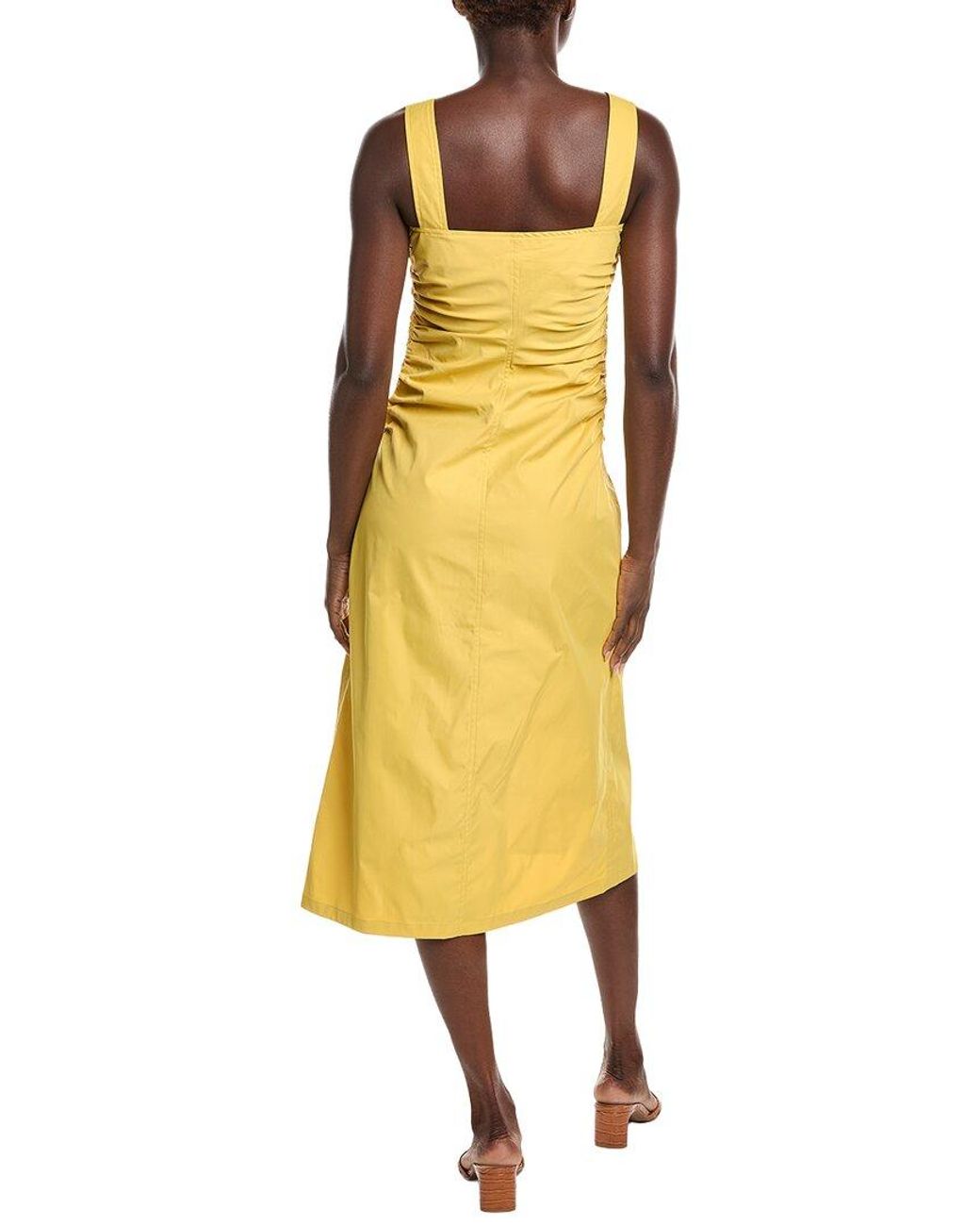 Gracia Yellow Side Gathered Front Slit Strap Midi Dress