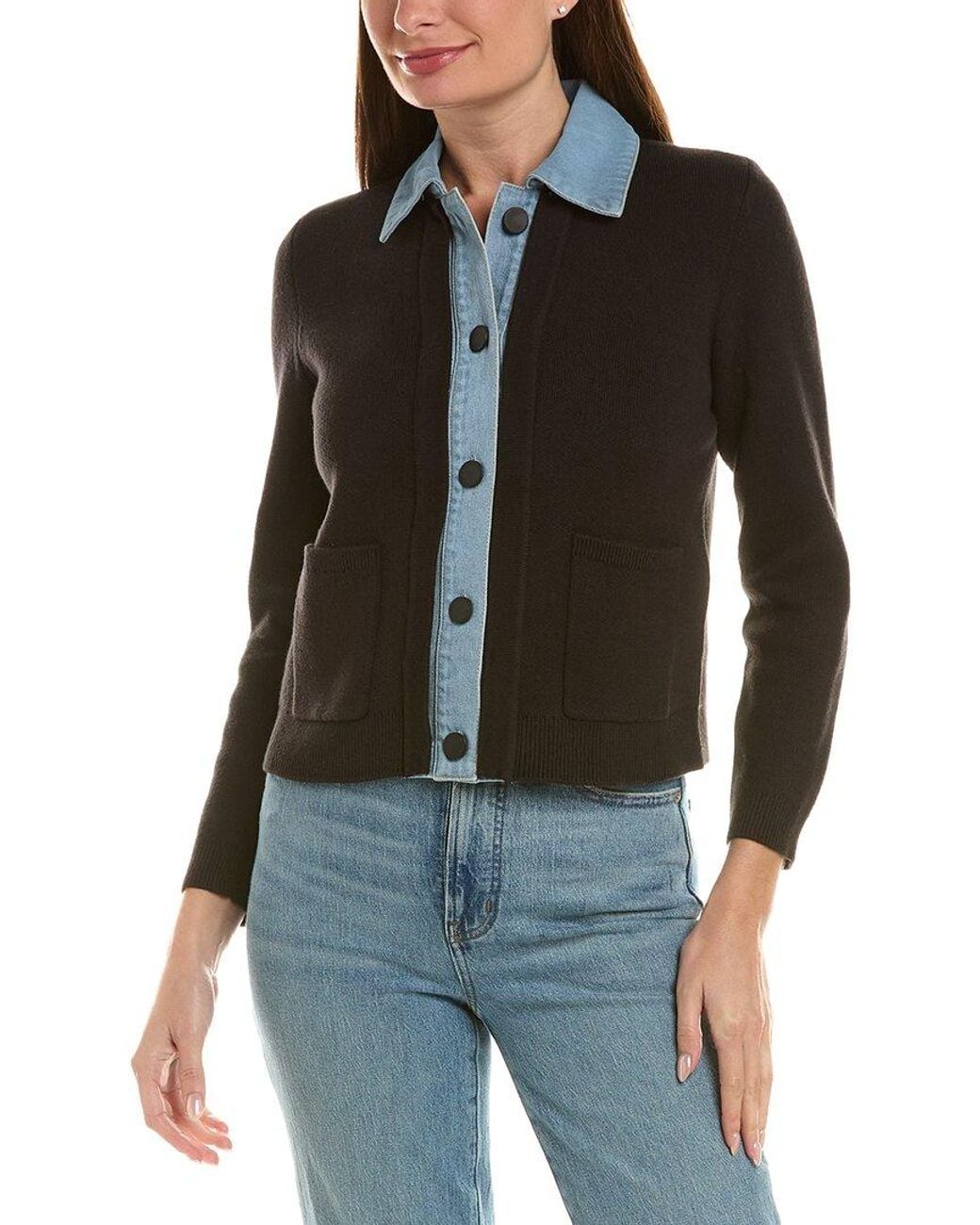 Jones New York Black Petite Denim Trim Cardigan