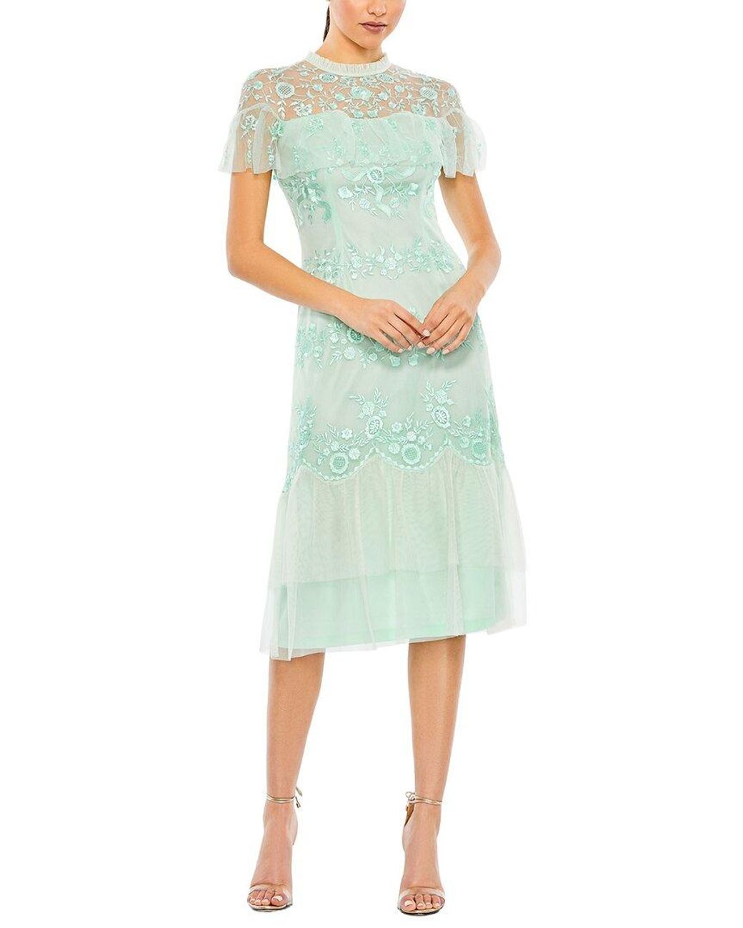 Mac Duggal Green Embroidered Ruffled Cap Sleeve Midi Dress