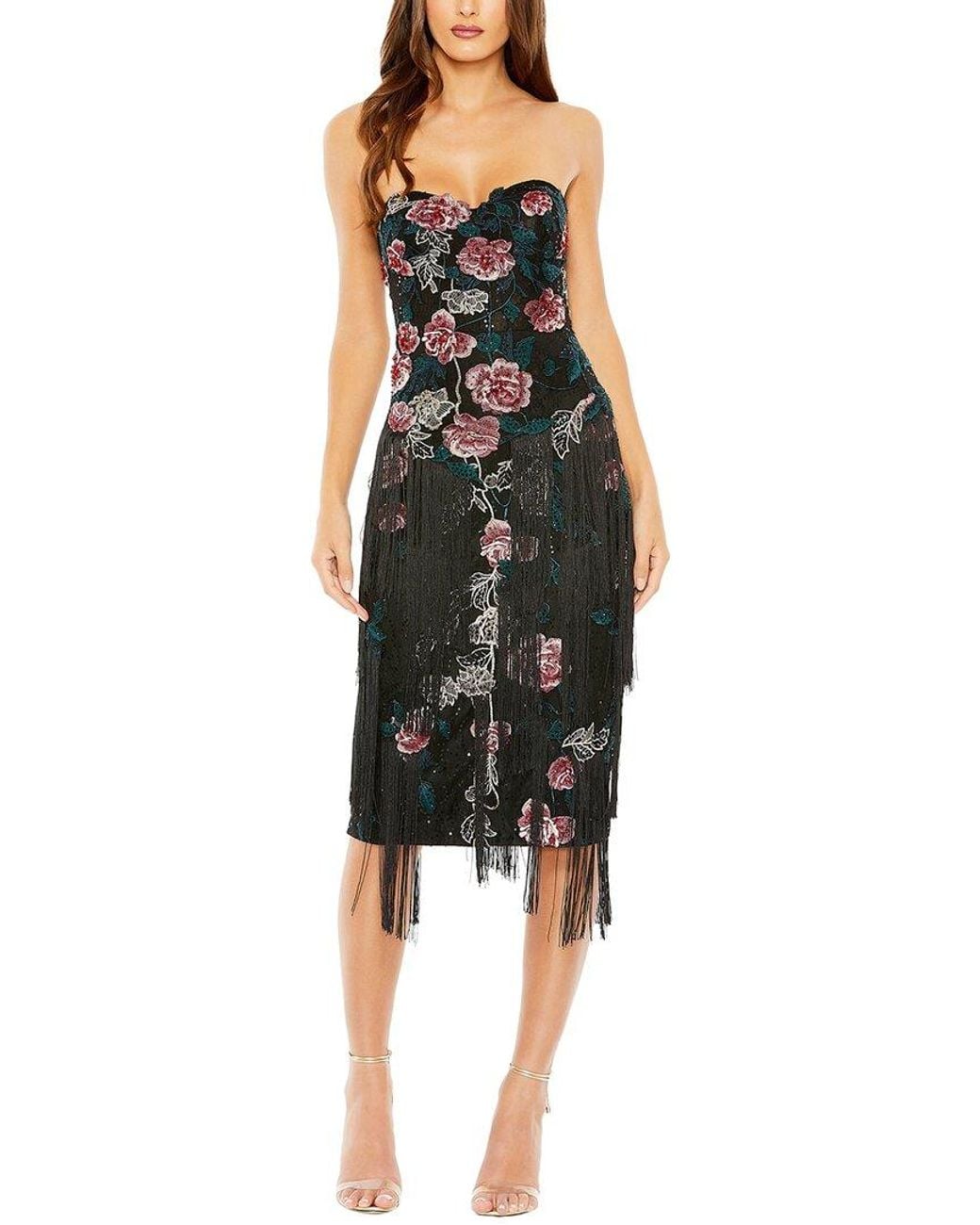 Mac Duggal Black Floral-Embossed Fringed Strapless Midi Dress