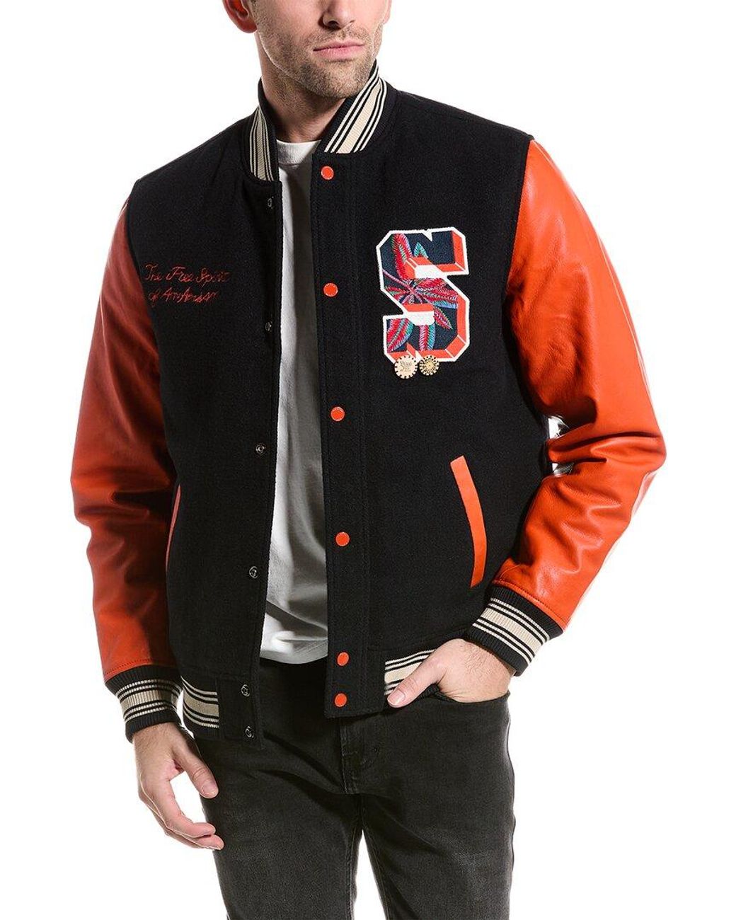Scotch Soda Leather Sleeve College Bomber Jacket in Black for