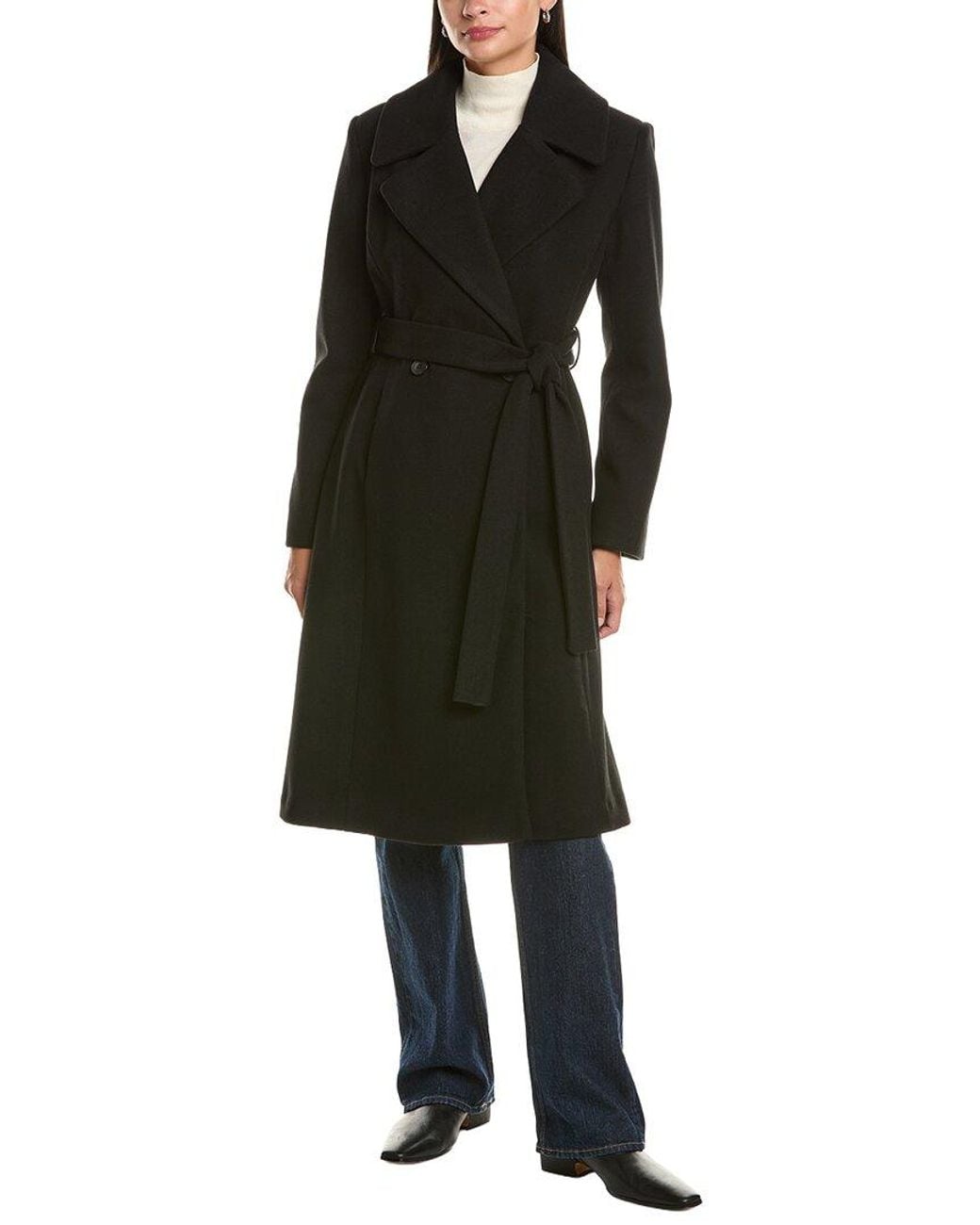 Cece Black Bow Back Belt Double-Breasted Wrap Coat