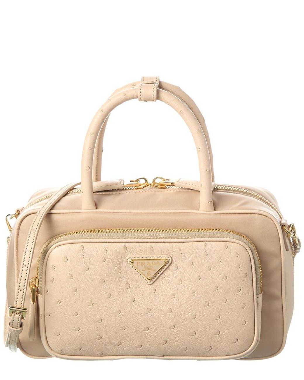 Prada Natural Mini Tessuto & Ostrich Shoulder Bag