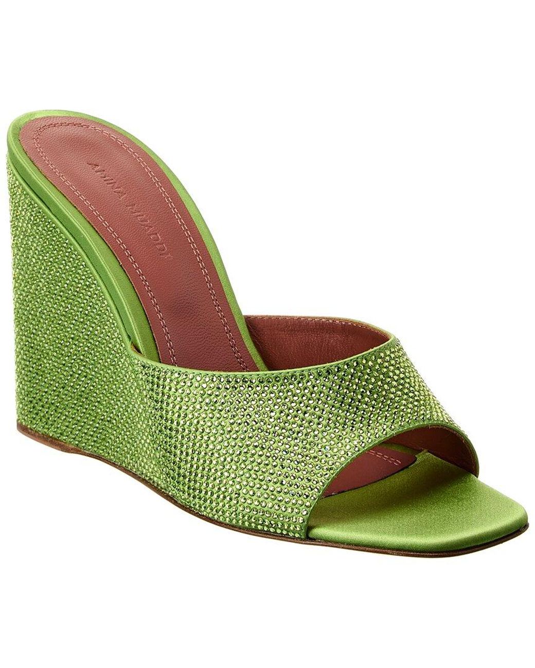 AMINA MUADDI Green Lupita Crystal Satin Wedge Sandal