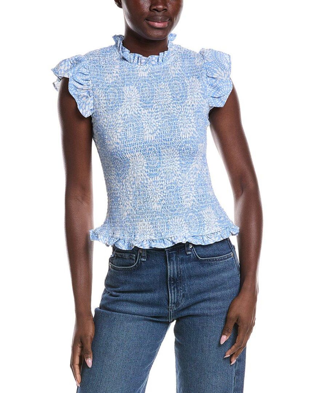 Sail To Sable Blue Smocked Flutter Linen-Blend Top