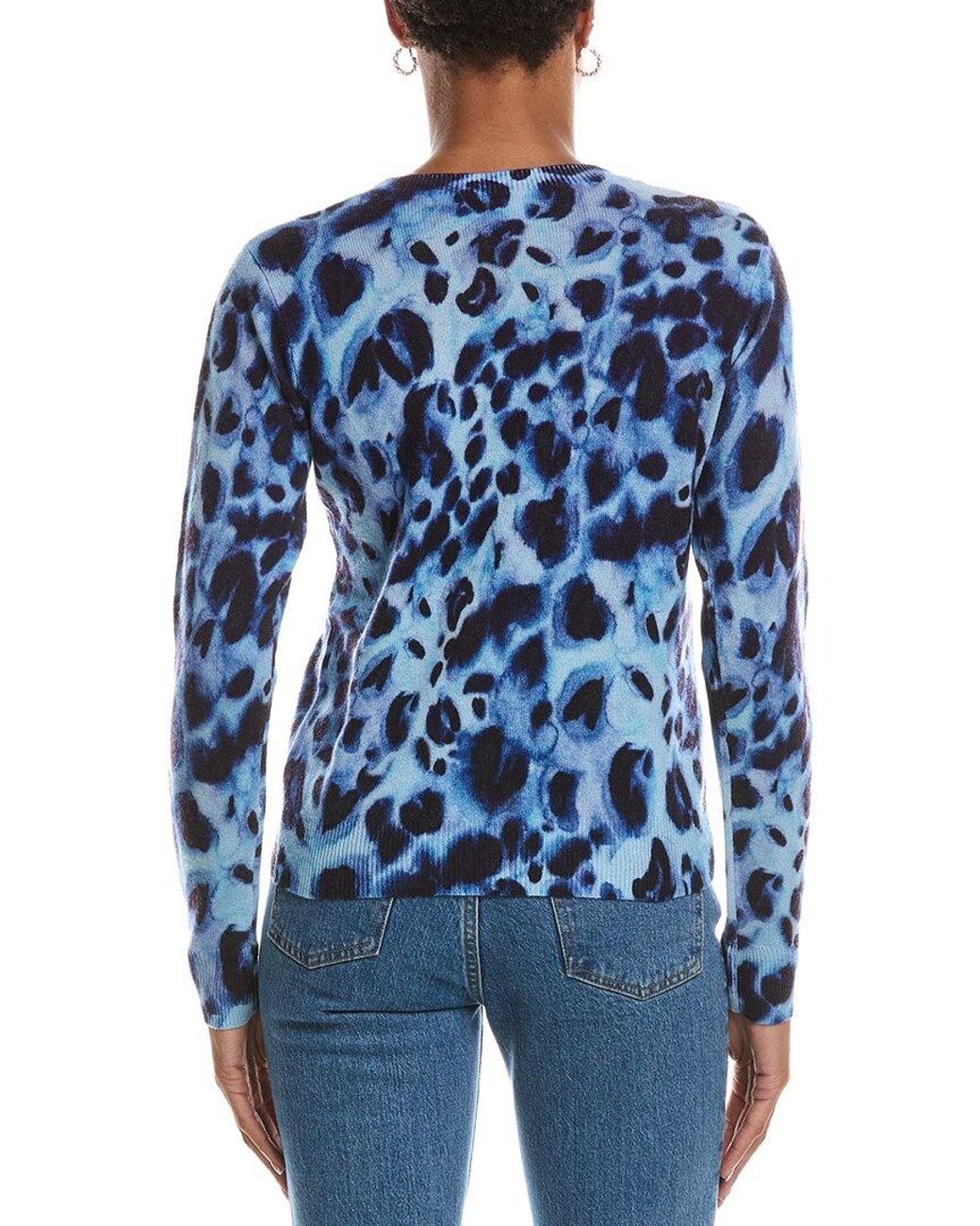 Autumn Cashmere Blue Watercolor Print Cheetah Crewneck 100% Cashmere Sweater