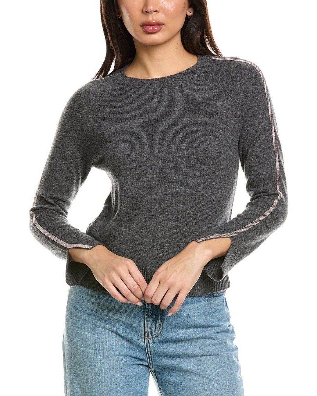 Brodie Cashmere Gray Glitz Split Cuff Crewneck 100% Cashmere Sweater