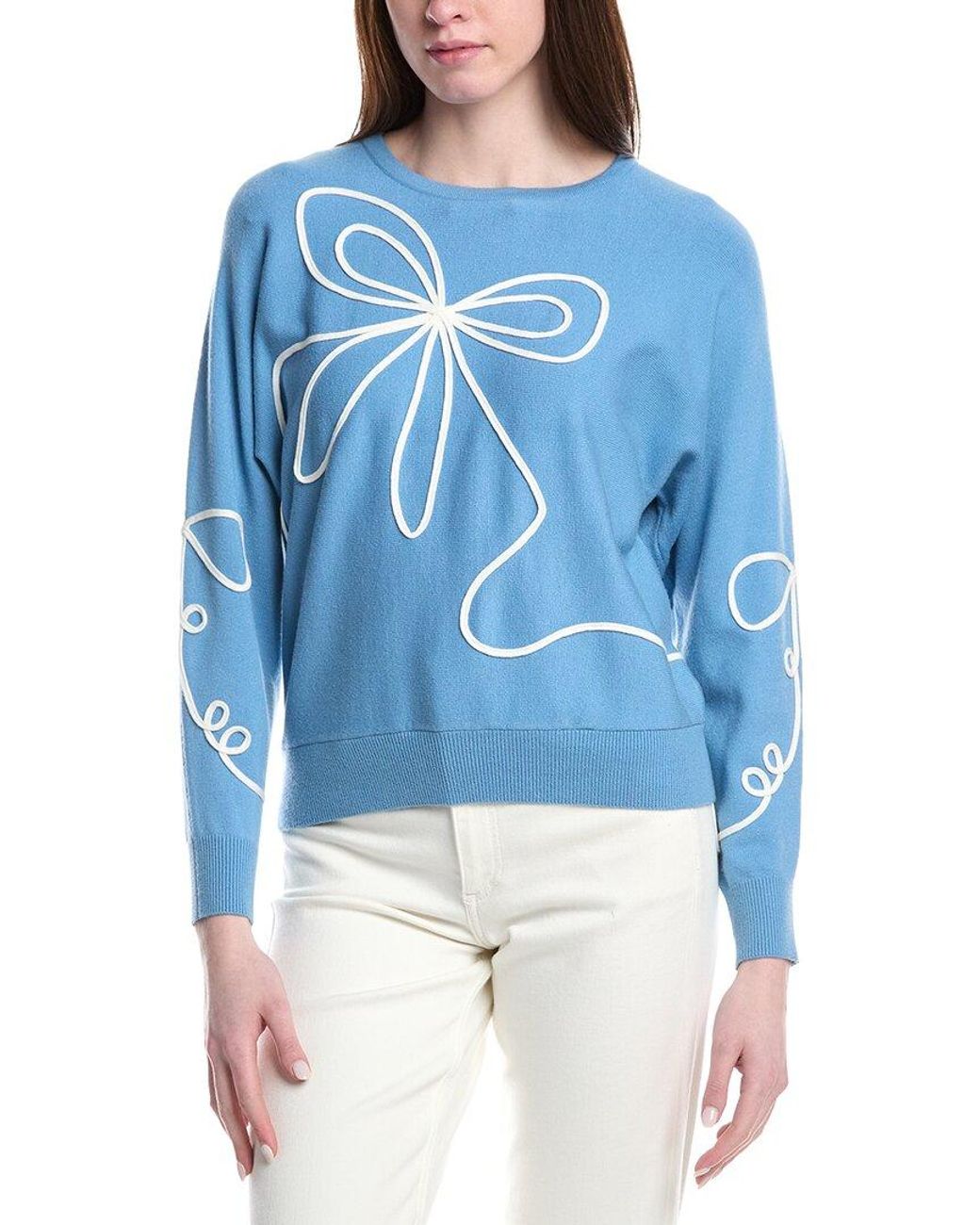 Tahari Blue Jersey Flower Embroidered Top