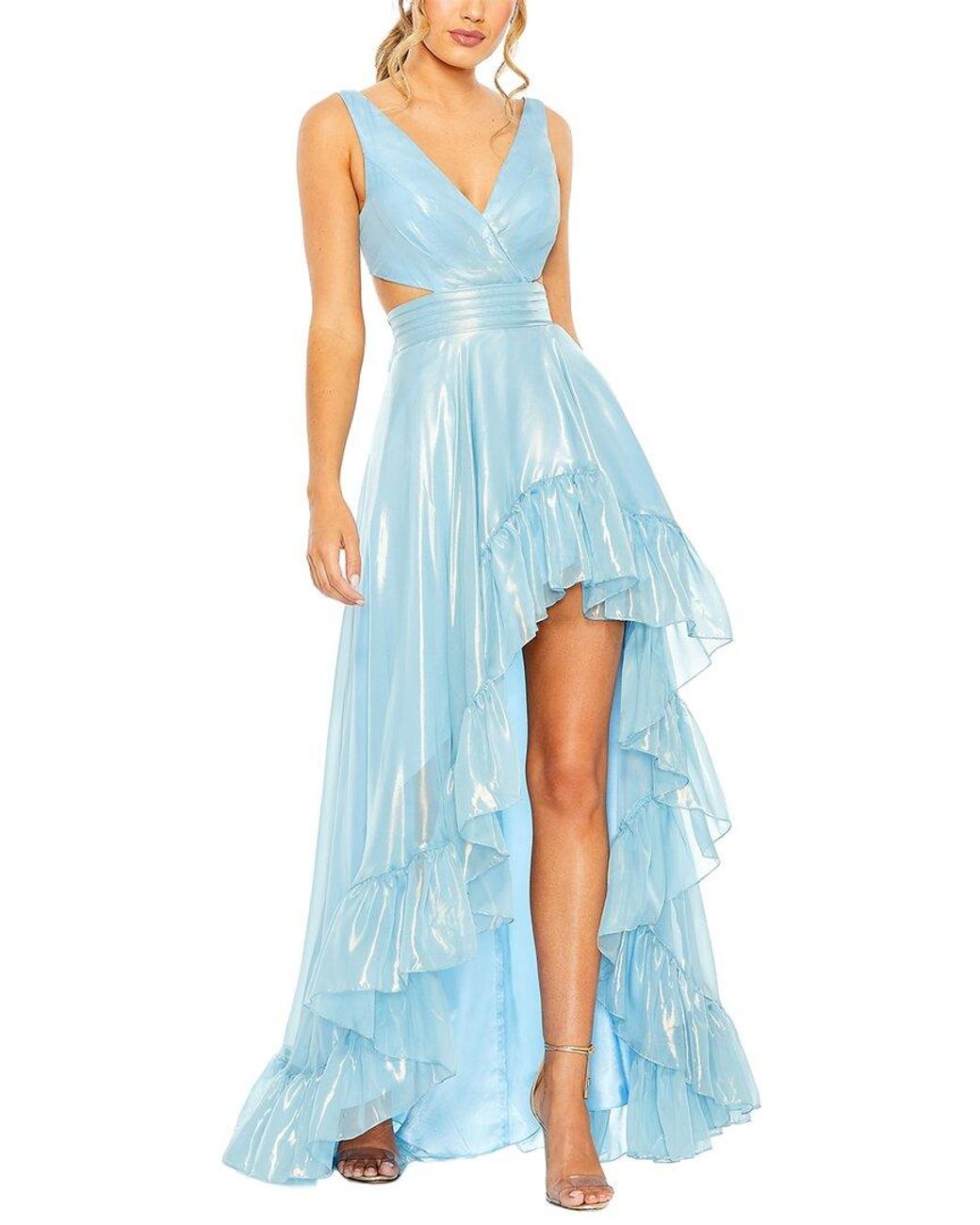 Mac Duggal Blue Cut Out High Low Ruffle Gown