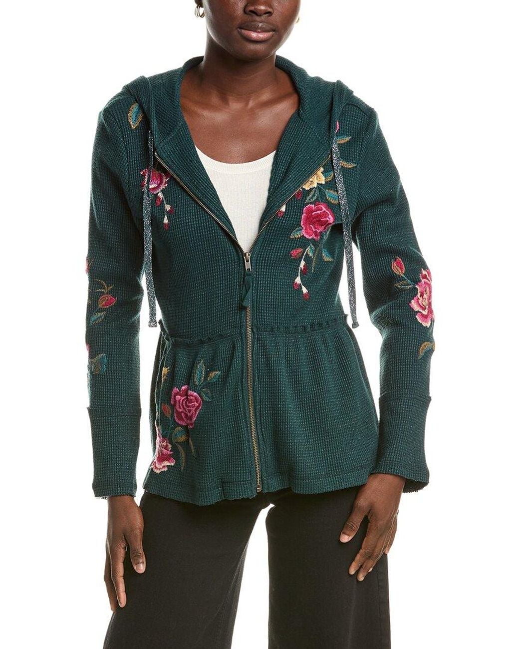 Johnny Was Green Peplum Metallic Thermal Hoodie