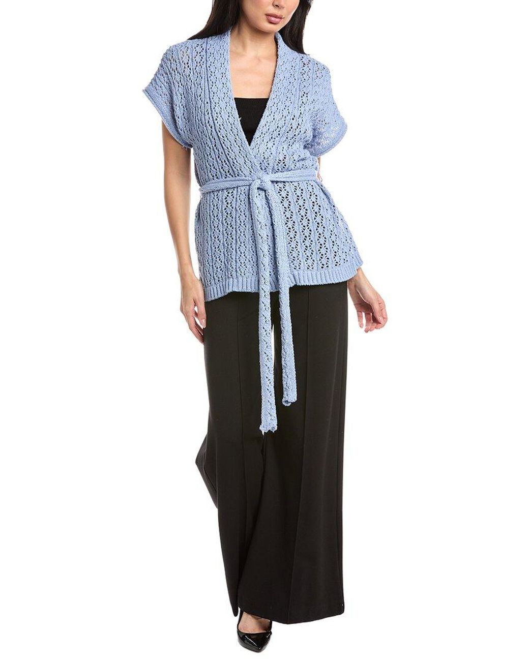 St. John Blue Belted Wrap Cardigan