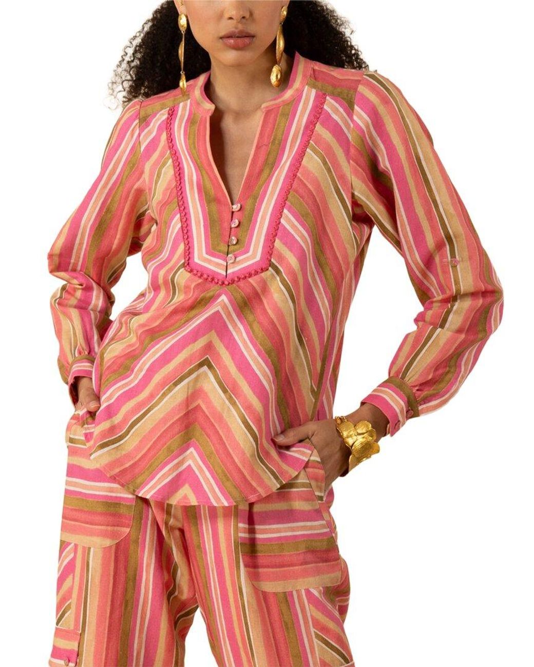 Hale Bob Red Karla Long Sleeve Linen Top