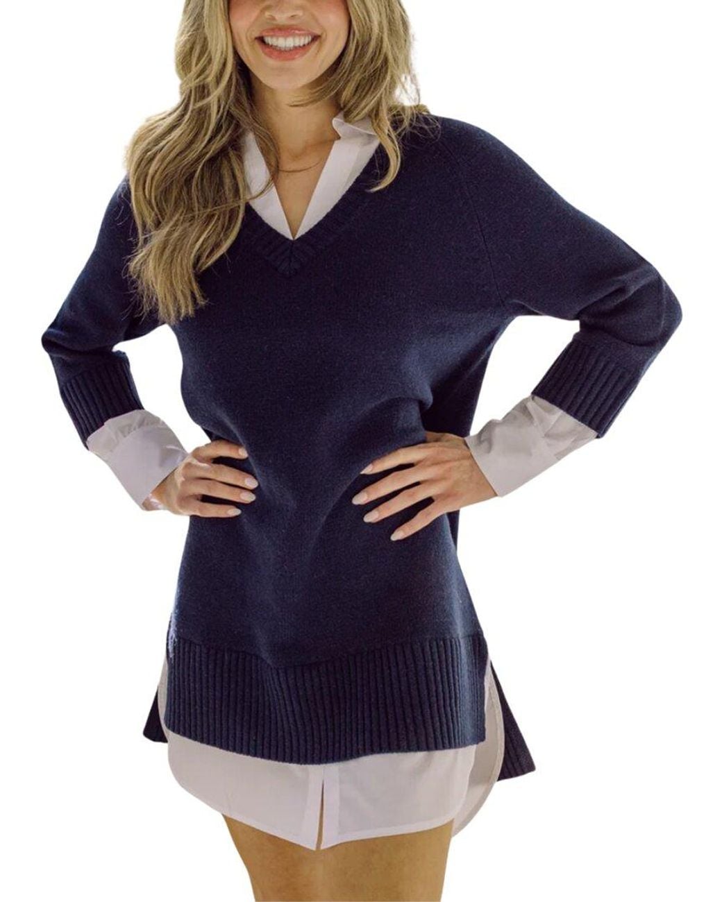 Sail To Sable Blue Collared Shirt Combo Wool Mini Dress