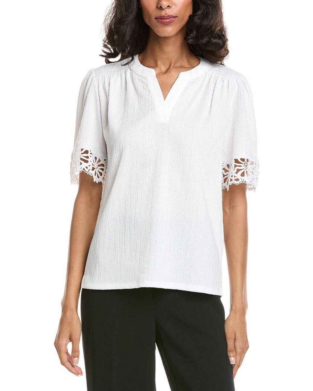Anne Klein White Flutter Sleeve Lace-Trim Top