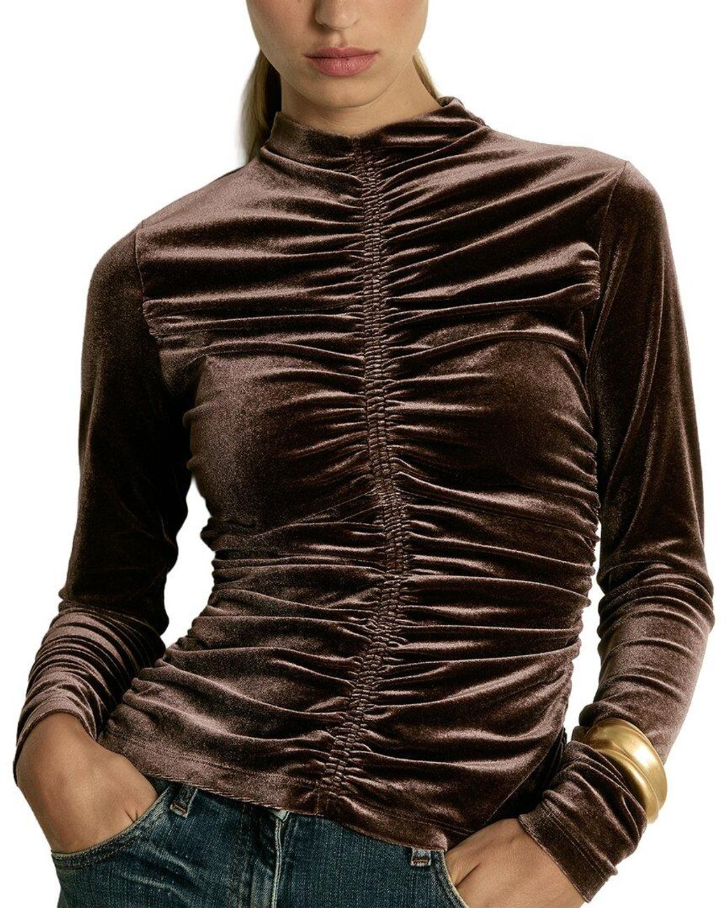 Reiss Black Ari Ruched Velvet Top