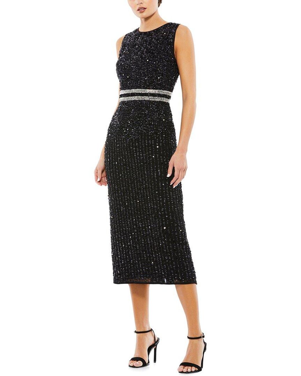 Mac Duggal Black Sleeveless High Neck Beaded Midi Sheath Dress