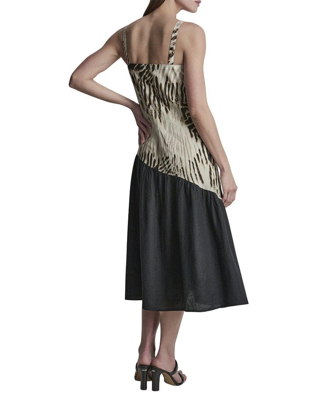 DKNY Black V-Neck Printed Panel Linen Dress