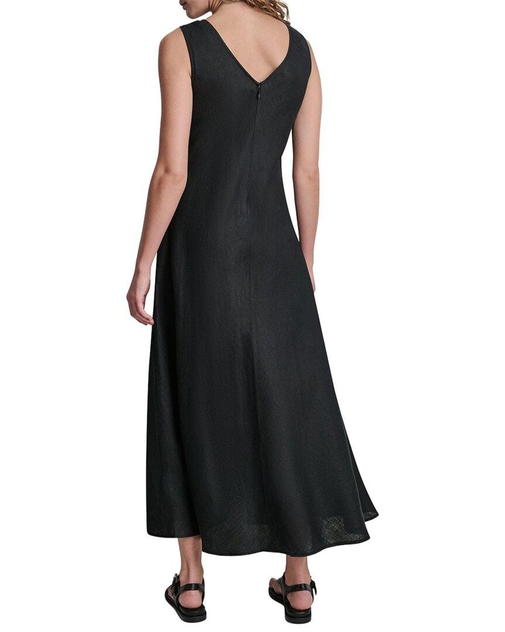 DKNY Black V-Neck Fray Seam Linen Dress