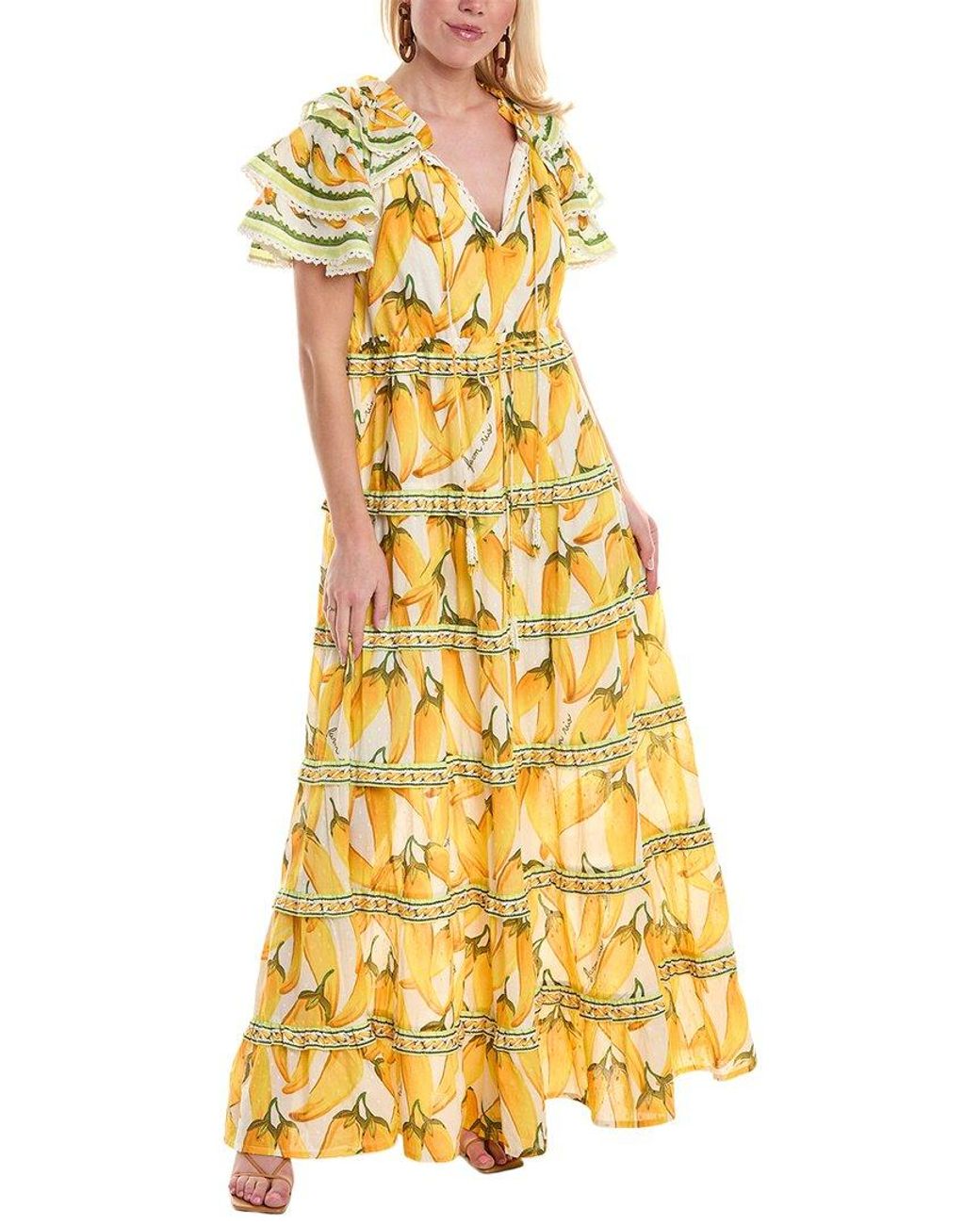 Farm Rio Yellow Swiss Dot Tiered Maxi Dress